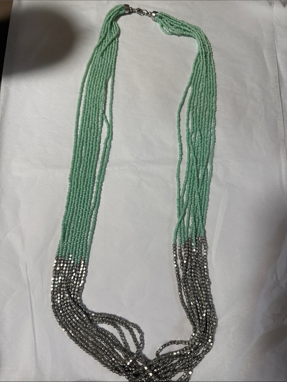 Multi-Strand Mint Green and Silver Beaded Necklace